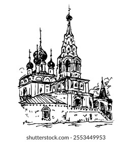 Church of St John the Baptist in Uglich. Russian Orthodox temple. Hand drawn linear doodle rough sketch. Black and white silhouette.