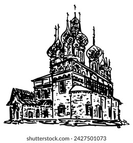 The Church of St. John Chrysostome in Korovnik, Yaroslavl, Russia. Old Russian Orthodox temple. Hand drawn linear doodle rough sketch. Black and white silhouette.