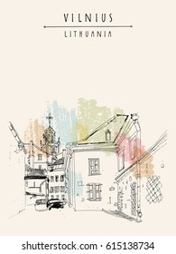 Church of St. Johns, St. John the Baptist and St. John the Apostle and Evangelist. Old town in Vilnius, Lithuania, Europe. Vintage and drawn artistic travel postcard in vector