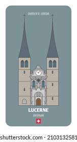 Church of St. Leodegar in Lucerne, Switzerland. Architectural symbols of European cities. Colorful vector 