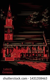 Church of St. Mary in Berlin (Lubeck), Germany. Landmark of Berlin. Vector hand drawing illustration in red color isolated on black background.