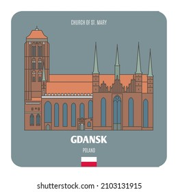 Church of St. Mary in Gdansk, Poland. Architectural symbols of European cities. Colorful vector 