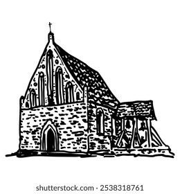 Kirche St. Nikolai zu Bauer in Wehrland. Mittelalterliche deutsche Felsenkirche. Historische Struktur. Katholisches Baudenkmal. Handgezeichnete lineare Doodle grobe Skizze. Schwarz-weiße Silhouette.