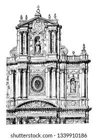 Façade of the Church of St. Paul and St. Louis at Paris Church is located in Paris Rue Saint Antoine in the Marais an example of Jesuit architecture vintage line drawing or engraving illustration.