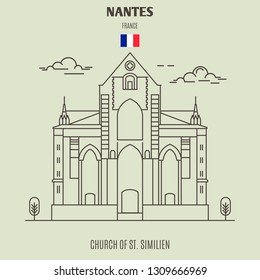 Church of St. Similien in Nantes, France. Landmark icon in linear style