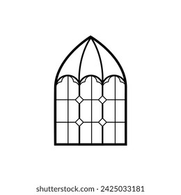 Church stained glass window mosaic outline. Arch border ornament black contour. Element of traditional European architecture vector line art. Gothic vintage chapel frame