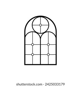 Church stained glass window outline. Arch border ornament black contour. Element of traditional European architecture vector line art. Gothic vintage chapel frame