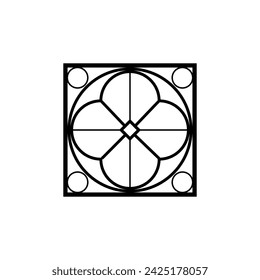 Church stained glass window outline. Square border with rounded ornament mosaic black contour. Element of traditional European architecture. Vintage chapel frame vector line art isolated