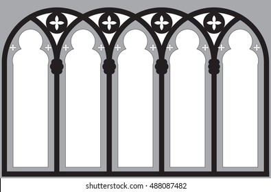 Church stained glass windows. Black and white vector illustration.