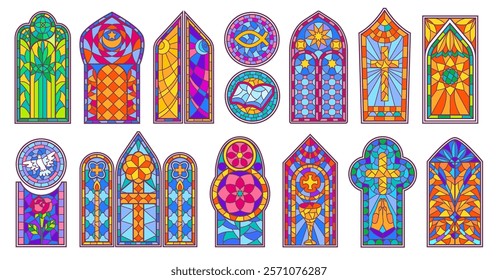 Church stained glass windows. Cathedral glass art decorative designs with Christian religious symbols, colorful geometric patterns and floral motifs. Sacred decor window isolated vector set.