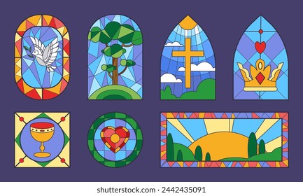 Church stained glass windows set, mosaic frame. Borders with cross, crown, dove, heart, nature sunshine. Vintage elements of architecture vector line art isolated on blue background