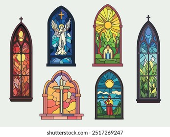 Ventanas teñidas de la iglesia. Mosaico de vidrio coloreado, tema bíblico, hermosos marcos de la iglesia, puntiagudos y arqueados, símbolos espirituales, estilo gótico, Vector de adorno católico aislado en conjunto blanco