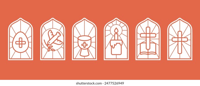 Church stained windows with religious Easter symbols. Christian mosaic glass arches set with holly cross dove cup and egg isolated on orange background