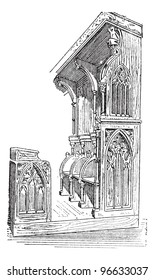 Church stalls at Anellau, France, vintage engraved illustration. Dictionary of words and things - Larive and Fleury - 1895.