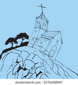 Church standing on rocky hill with trees, black and white drawing