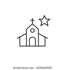 Igreja e estrela. Serviço religioso em destaque, local de oração notável ou favorito. Pixel perfeito, ícone de vetor de traçado editável