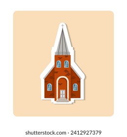 Church sticker illustration. Building, cross, window, door, roof, tree. Editable vector graphic design.