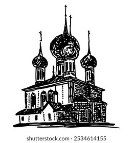 Church of Sts. Peter and Paul in Yaroslavl, Russia. Oil Russian Orthodox temple. Hand drawn linear doodle rough sketch. Black and white silhouette.