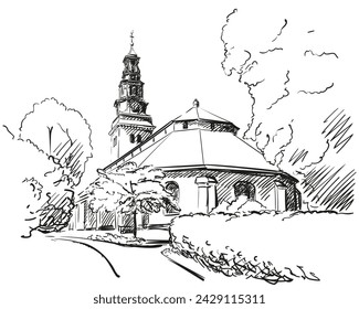 Church in Sweden vector sketch, Old religious building surrounded by trees, Köping church baroque style tower hand drawn illustration architecture