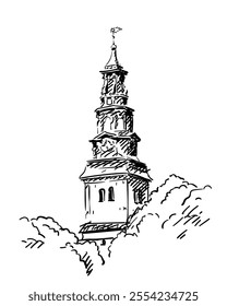 Church tower behind trees, Baroque style architectural vector sketch, Old religious building detail, Köping church hand drawn illustration, Sweden
