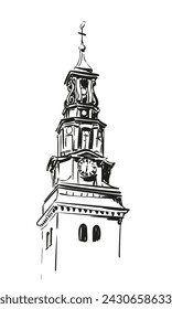 Torre de la iglesia con el boceto arquitectónico del vector del reloj, detalle religioso antiguo del edificio, ilustración dibujada a mano de la aguja del estilo barroco de la iglesia de Köping, Suecia