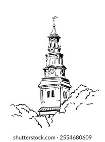 Church tower with clock behind trees, Achitectural vector sketch, Old religious building detail, Köping church baroque style spire hand drawn illustration, Sweden