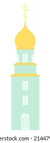 Church tower. Temple with a golden dome decorated with a cross. Green building. Color vector illustration. Isolated background. Flat style. Bright Easter. Religious motives. God's house. 