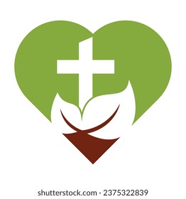 diseño del logo vectorial de la forma del corazón del árbol de la iglesia. Diseño del logotipo de árbol cruzado.