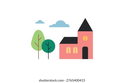 Church with Trees Landscape Vector Illustration