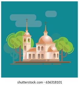 Church and trees landscape vector illustration. Made in cartoon style.