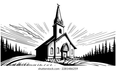 Ilustración de la línea negra vectorial de la iglesia aislado blanco. Dibujo artístico