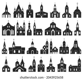 Icono de conjunto negro vectorial de la iglesia. Ilustración vectorial de la religión construida sobre fondo blanco. Icono de conjunto negro aislado.