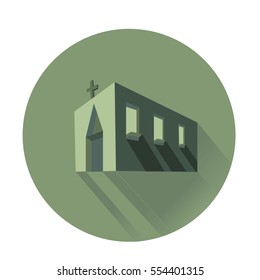 Church vector. The Catholic parish. Cross. Building with Windows on the round background