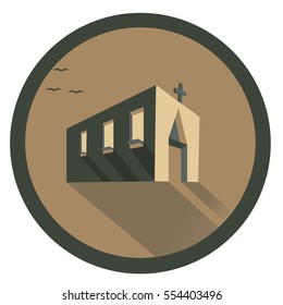 Church vector. The Catholic parish. Cross. Building with Windows on the round background