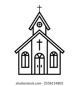 Church vector icon. Christian church building with cross, chapel and religious symbol. Cathedral, place of worship illustration. Black outline clipart isolated on white background.