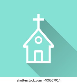 Church   vector icon with long shadow. White illustration isolated on green background for graphic and web design.  