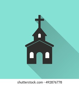 Church vector icon with long shadow. Illustration isolated on green background for graphic and web design.