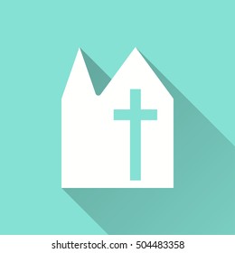 Church vector icon with long shadow. White illustration isolated on green background for graphic and web design.