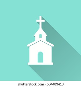 Church vector icon with long shadow. White illustration isolated on green background for graphic and web design.