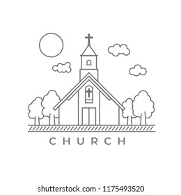 Church vector icon on white background with trees, clouds and sun