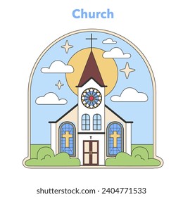 Church vector icon. Quaint chapel with stained glass windows, representing a place of worship and community in Christianity. Sanctuary of peace and reflection. Flat vector illustration