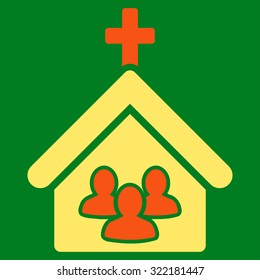 Church vector icon. Style is bicolor flat symbol, orange and yellow colors, rounded angles, green background.