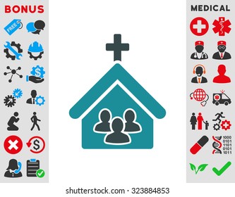 Church vector icon. Style is bicolor flat symbol, soft blue colors, rounded angles, white background.