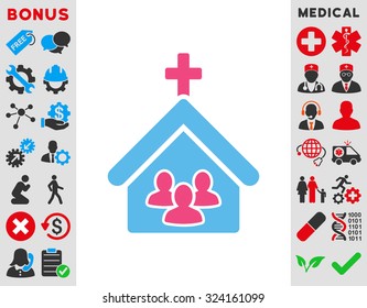 Church vector icon. Style is bicolor flat symbol, pink and blue colors, rounded angles, white background.