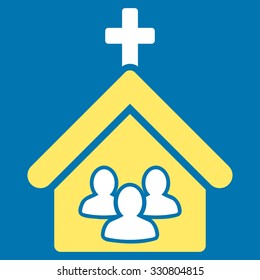 Church vector icon. Style is bicolor flat symbol, yellow and white colors, rounded angles, blue background.