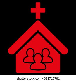 Church vector icon. Style is flat symbol, red color, rounded angles, black background.