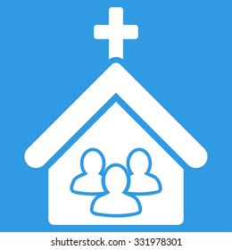 Church vector icon. Style is flat symbol, white color, rounded angles, blue background.