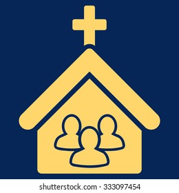 Church vector icon. Style is flat symbol, yellow color, rounded angles, blue background.