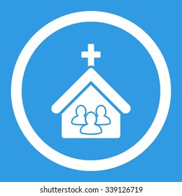 Church vector icon. Style is flat rounded symbol, white color, rounded angles, blue background.