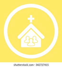 Church vector icon. Style is flat rounded symbol, white color, rounded angles, yellow background.